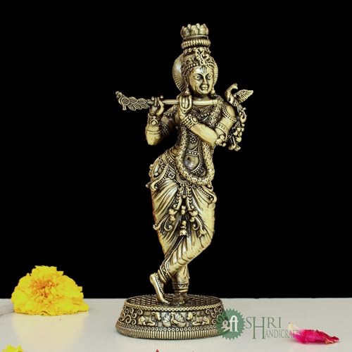 Image of INDICAST Brass 5.5 inch Lord Krishna Statue | Handcrafted Standing Krishna Murti Hindu God Idol Figurine Perfect for Decoration Puja & Gifting Purpose Sculpture (Weight- 150gm)