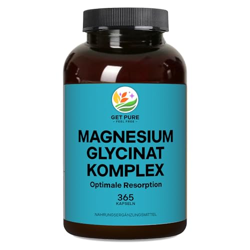 GET PURE - FEEL FREE® - Magnesium Glycinat Komplex - 365 Kapseln - 150mg elementares Magnesium pro Kapsel - vegan, ohne Gentechnik - mit Depot Wirkung - zur Verringerung von Müdigkeit und Erschöpfung GET PURE - FEEL FREE® - Magnesium Glycinat Komplex - 365 Kapseln - 150mg elementares Magnesium pro Kapsel - vegan, ohne Gentechnik - mit Depot Wirkung - zur Verringerung von Müdigkeit und Erschöpfung