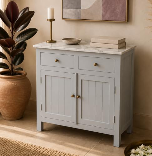 Image of Solid Wood Madrid Sideboard Cabinet (S) | Sideboard with Sintered Stone Top | Finish- Acrylic Silver Grey