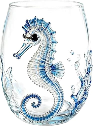 Image of Sea Turtle Stemless Wine Glass,Unique Ocean Themed Glassware,Artisanal Blue Ringed Octopus Drinking Glass 12 Oz Borosilicate Tumbler,Drinking Glass Cup with 2D Cute Animal Figurine (C)