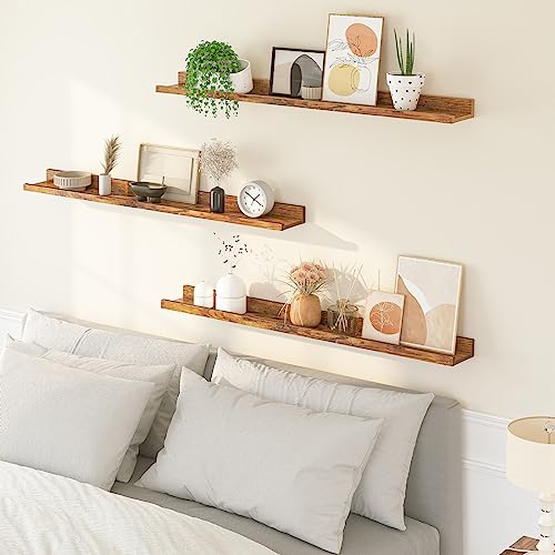 Image of HOOBRO Floating Shelves, Wall Shelf Set of 3, 47.2 Inches Hanging Shelf with Raised Edge and Invisible Brackets, for Bathroom, Bedroom, Kitchen, Office, Living Room Decor, Rustic Brown BF92BJ01