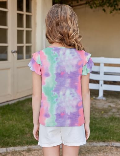 Image of Arshiner Girls T Shirts Ruffle Short Sleeve Summer Pleated Crewneck Casual Tops Tees Blouses