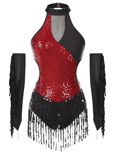 Combinaison de danse latine cha-cha sans manches à franges et paillettes TiaoBug pour femme