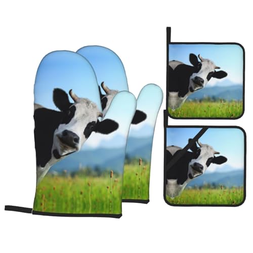 Manoplas de horno antiquemaduras y agarraderas de olla con diseño de vaca, pack de 4 unidades 2