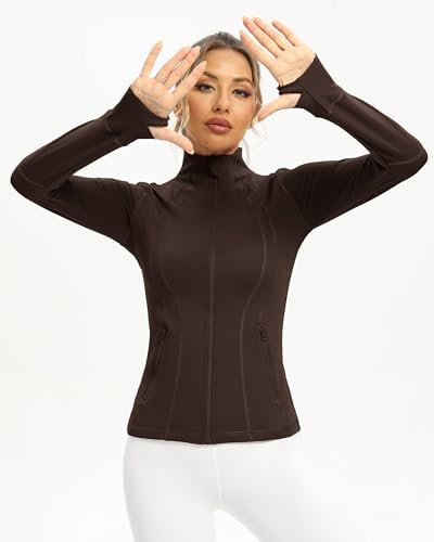 QUEENIEKE Workout Jackets for Women Full Zip Slim Fit Athletic Running Jacket with Thumb Holes (Roasted Brown, XXL) - 2