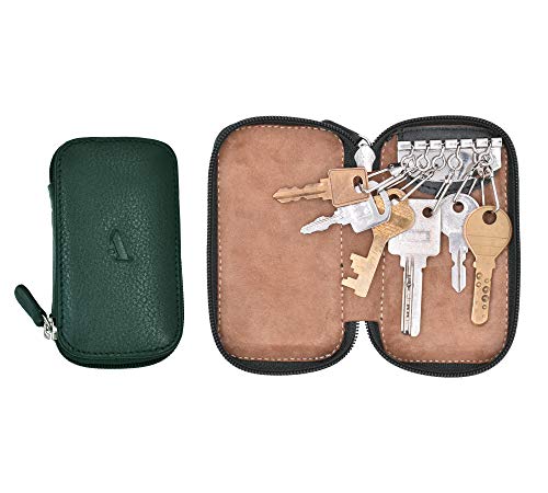Adamis Full Grain Genuine Leather Keychain Holder Pouch, Key Case, Soft Strong and Compact Organizer and Wallet with Zip Closure for Extra Safety and 6 Key Holder Hooks in Green