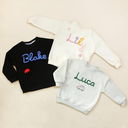 Personalized Toddler Sweatshirt with Name,Hand-embroidered Name and Monogram Sweatshirt for Kids,Customized Toddler Boy Girl Knit Sweatshirt Pullover Multicolor2