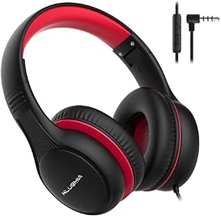KLUGMIA Wired Kids Headphones, 85dB/94dB Volume Limited, Over Ear Headphones for Kids with in-line HD Mic, Audio Sharing, Foldable Kids Headphones Wired (black red)