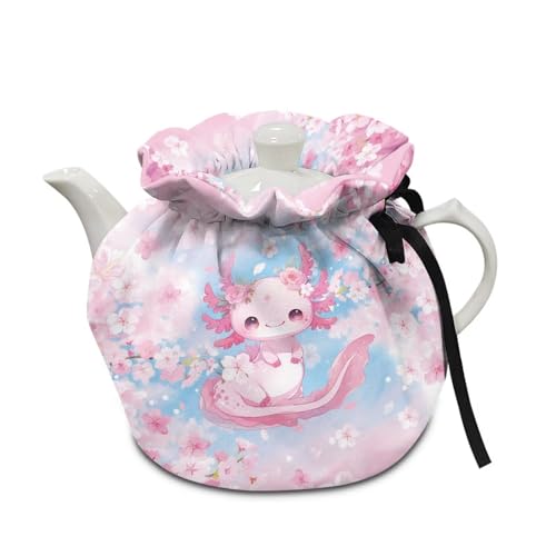 Image of Cute Axolotl Print Tea Pot Cover Cherry Blossom Print Tea Cozy Insulation Teapot Portability Drawstring Soft Teapot Case Washable Breakfast Pot Cove Personalized Design Gifts