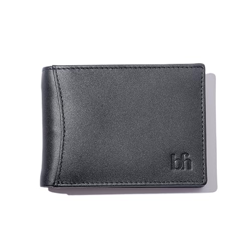 Genuine Leather Bifold Wallet, 8 Card Slots, ID Slot, Money Clip, Slim Profile, Luxurious Soft Feel (Black)