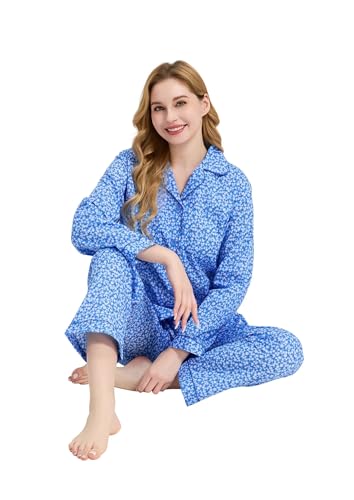 Image of GLOBAL Women Cotton Pajamas Long Sleeve PJs Button Down Sleepwear S-3XL