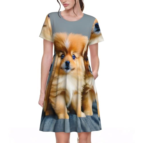 Robe d'été décontractée pour femme imprimé chiots de Poméranie