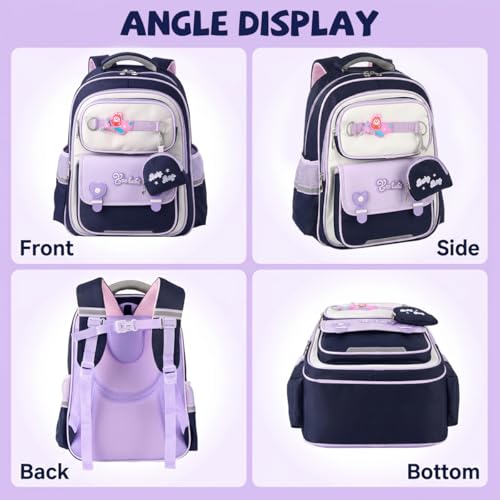 Image of PALAY School Bag for Girls Purple Blue Cartoon Backpack Waterproof Oxford Cloth Bookbag with Small Pouch Breathable Mesh Back Panel Stress Relief Daypack Children's Day Rakhi Gift for School Kids