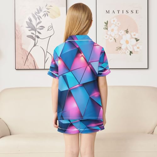 Satin Pajama Sets Short Sleeve Blue and Pink Abstract Triangles Button Down Silky Nightwear 2 Piece PJS 5-14Y4