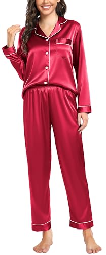 Vlazom Pyjamas for Women, Soft Satin Long Sleeve Pjs Set Two Piece Silk Pyjamas Classic Button Down Sleepwear Loungewear for All Seasons Red,S