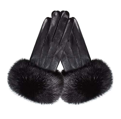 Pexuya Damen Winter Touchscreen Schaffell LederHandschuhe mit Kaninchenfell S77 (Schwarz, M)
