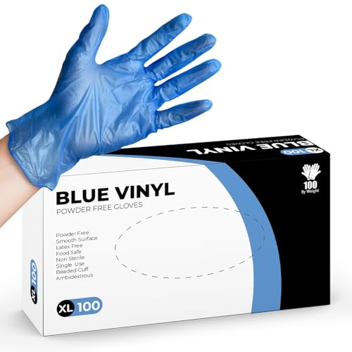 PRAIMA Blue Disposable Gloves - 100 Pack Latex Free & Powder-Free Vinyl Gloves Strong and Puncture-Resistant Comfortable Fit Use For Cleaning Hairdressing & Multi-Purpose Use (XL 100 count)