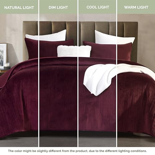 Elegant Comfort Luxury 3-Piece Velvet Corduroy Stripe Quilt Set, Ultra Soft Bedspread - Cozy Velvet Coverlet Set - 3PC Medium Weight Quilted Set with Matching Pillow Shams, Full, Burgundy