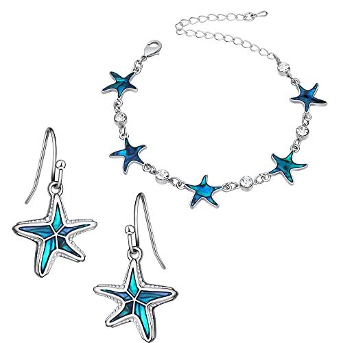 Lauren-Spencer Starfish Anklet/Bracelet/Dangle Earrings For Women Girls With Abalone,Ocean Beach Silver Adjustable Jewelry Set For Mothers Day,Birthday, Anniversary #TOP26