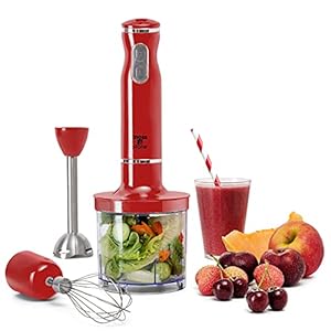 Moss & Stone Electric Hand Blender Set, 300W Immersion Hand Blender with Whisk and Chopper, Stainless Steel Shaft and Blades, 2-Speed Handheld Mixer with Ergonomic Grip, Red
