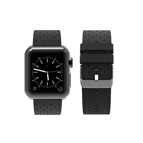 top4cus Genuine Leather iwatch Strap Replacement Band Stainless Metal Clasp, Compatible with Apple Watch 42mm 44mm 45mm Series 7/6/SE/5/4/3/2/1 and Sport Edition（42mm/44mm/45mm, Breathable Black