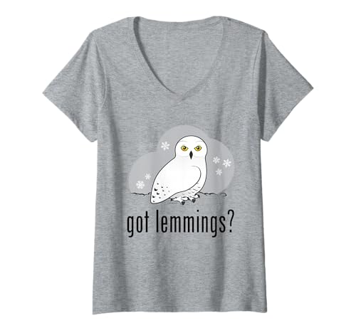 Women's Funny Cartoon Snowy Owl Spoof: Got Lemmings? V-Neck T-Shirt