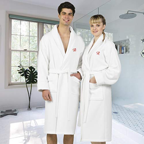 Authentic Hotel and Spa White Unisex Turkish Cotton Waffle Weave Terry Bath Robe with Red Script Monogram White M S-M