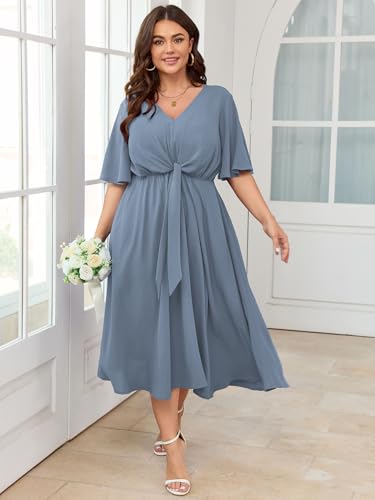 Image of SCOMCHIC Women Plus Size Midi Dresses Wedding Guest Short Sleeve V Neck Tie Waist Casual Summer Flowy A Line Dress