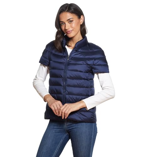 Martha Stewart Womens Puffy Down Vest, Lightweight Casual Short Sleeve Vest Jacket, Quilted Outerwear with Pockets, Navy Blue, 2X-Large