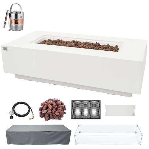 Image of AMS Creations | Madison 60 inch Bundle Rectangular Natural Gas Outdoor Fire Pit Table | Cream White Concrete GFRC | Smooth Texture or Surface | Electronic Ignition | Outside Backyard Fireplace