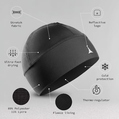 French Fitness Revolution - Skull Cap Helmet Liner Running Beanie - Ultimate Thermal Retention and Performance Moisture Wicking. Fits Under Helmets Black