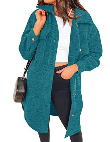 Zesica Women's Winter Fuzzy Fleece Lapel Button Down Open Front Faux Fur Long Jacket Coat Outwear With Pockets,Teal,Small #TOP19