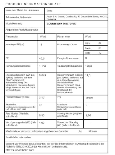 Beko BDUN15430X b300 Unterbau-Geschirrspüler 60 cm, für 14 Maßgedecke, 3 Spülebenen, 4 Temperaturen, 5 Programme, halbe Beladung, automatische Türöffnung, Quick&Clean
