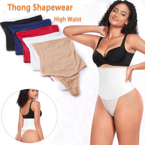 Image of Werena Tummy Control Thong Shapewear for Women Mid High Waisted Body Shaper Underwear Lace Shaping Thong Girdle Panties