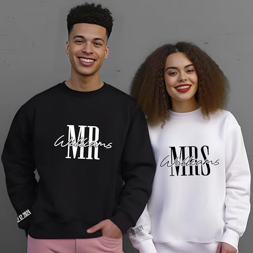 Personalized Mr. And Mrs. Last Name Sweatshirt Custom Last Name with Aniversary Date on Sleeve Matching Sweatshirts For Couples White2