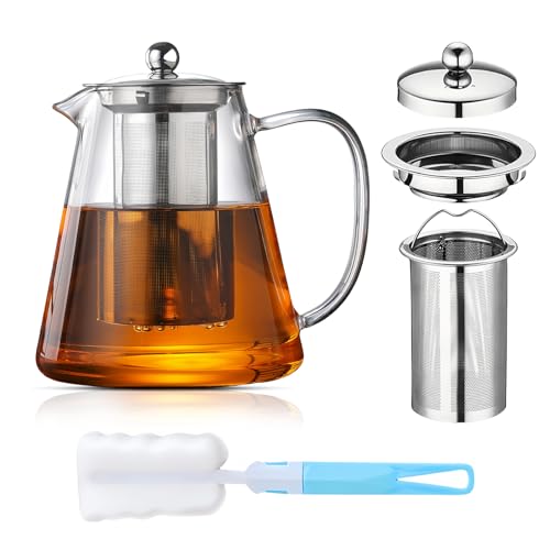 Teiera in Vetro Borosilicato, Teiera con Infusore 1300 ML, Teiere in Vetro con Infusore, Teieras con Colino Infusore Trasparente per tè Fiorito, tè Sfuso