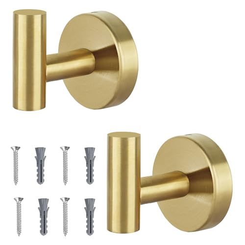 Image of Homagic Towel Hooks for Bathroom 2 Packs Screw- in Gold Wall Mount Towel Holder Towel Rack, Heavy Duty Robe Coat Loofah Hooks for Shower, Kitchen,Hotel, Pool Tile, Brick Modern Style Decor Wall Hooks