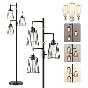 COFF Industrial Floor Lamp, 3 x 1200LM Edison LED Bulbs Included, Bright 3-Light Dimmable Floor Lamp, Farmhouse Tall Standing Lamp for Living Room, Bedroom Office Rustic Home Decor (Matte Black)