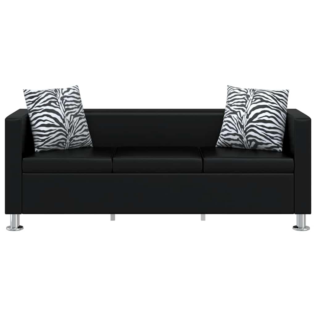 Sofa 3-osobowa ze sztucznej skóry, czarna, z 2 poduszkami, 170 x 62,5 x 63 cm, zajmuje mało miejsca, wytrzymała, do salonu, pokoju gościnnego, z wygodnym zestawem tapicerowanym i stabilną ramą