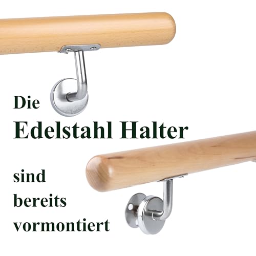 BelovedYard Buche Holz Handlauf Ø 42 mm Treppenhandlauf, 50cm 80cm 100 cm wählbar, rutschfest, wasserbasiert, inkl. Wandhalter & Montage‑Set Länge:80cm