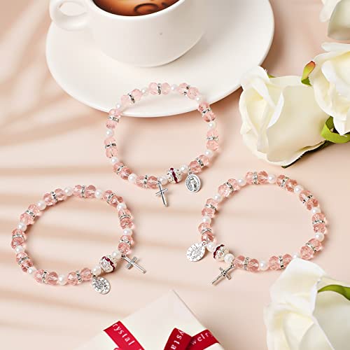 Junkin 30 Pcs Beaded Stretch Rosary Bracelet with Mesh Bags Catholic Bracelets for Women Girls Religious Rosary Bead Pink Bracelet Crucifix Medal Catholic3