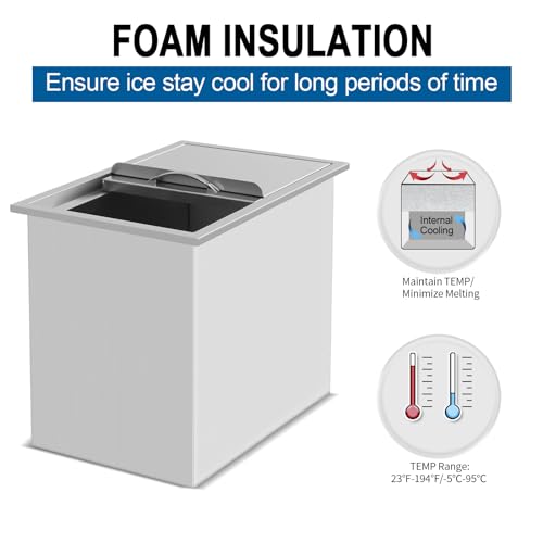 Drop-in Ice Chest, 18L x 12W x 15H Inch Stainless Steel Ice Cooler with Removable Cover, Drop in Ice Bin Included Drain-Pipe & Drain Plug for Cold Wine Beer Beverage
