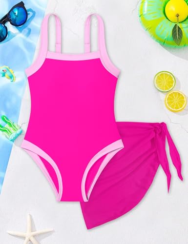Image of Shallmu Girls Swimsuits Color Block Adjustable Thick Strap One Piece Bathing Suits with Cover Up Skirt Girl's Swimwear 9-16Y