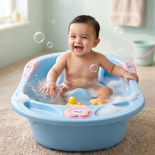 Image of BUMTUM Baby Bathtub & Anti Slip Baby Plastic Bath Chair | Bathtub with Drain Plug, Baby Bath Seat /Sling with Non Slip Suction Base for Babies, Infant & Toddlers(Blue)