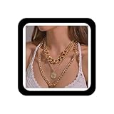 Zeshimb Collar de cadena cubana punk, gargantilla de monedas en capas, collar con colgante de medallón dorado, collar multicapa grueso, joyería de cadena para mujeres y niñas