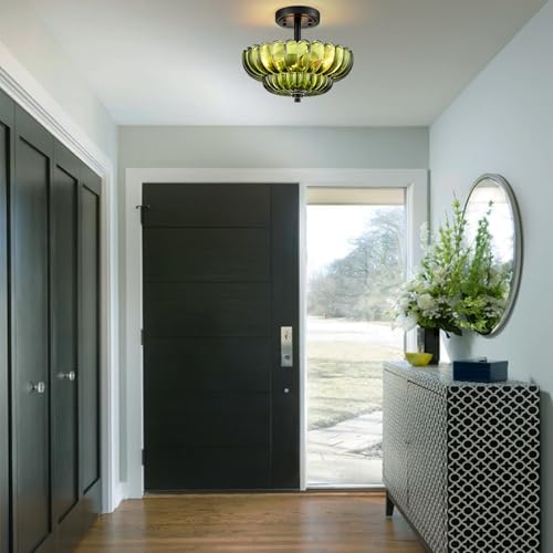 Image of Modern Green Glass Scalloped 3-Light Flush Mount Ceiling Light Black Base | Vintage Ceiling Lights, Close to Ceiling Light, Semi Flush Mount Ceiling Light for Hallway Bedroom Entryway Kitchen
