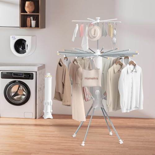 Image of Carbon Steel Clothes Drying Rack 2026 Upgrade 4-Legged 3Tier Foldable Laundry Rack with 4 Pulleys 20 Clips 6 Shoe Dryers 16Drying Rods for Indoor /Outdoor Camping Poolside Space Saving (White)