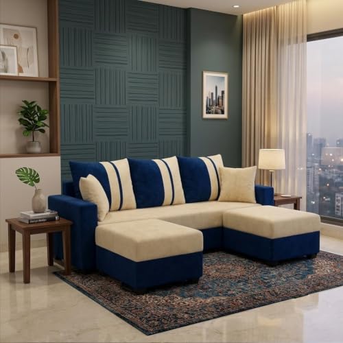Image of Zenix 5 Seater L Shape Sofa Set with 2 Movable Ottomans | Flexible Layout | Rich Velvet Suede Fabric | Silver Legs | Spacious Seating | Modern Sofa for Living Room (Dark Blue-Cream)