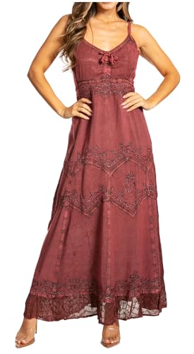 Image of Sakkas Stonewashed Rayon Embroidered Adjustable Spaghetti Straps Long Dress