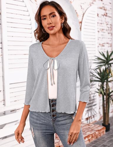 Image of Aiboria Women's Tie Front Shrug 3 /4 Sleeve Ribbed Bolero Lightweight Cropped Cardigan S-XXL